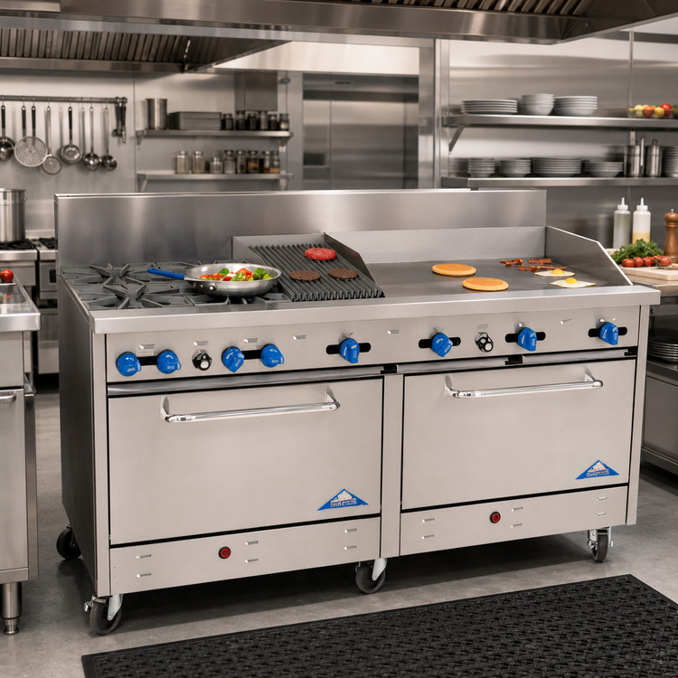 Product image #2 for Comstock-Castle 72-Inch Commercial Gas Range with 4 Open Burners, 36-Inch Griddle, 12-Inch Char-Broiler, and 2 Ovens