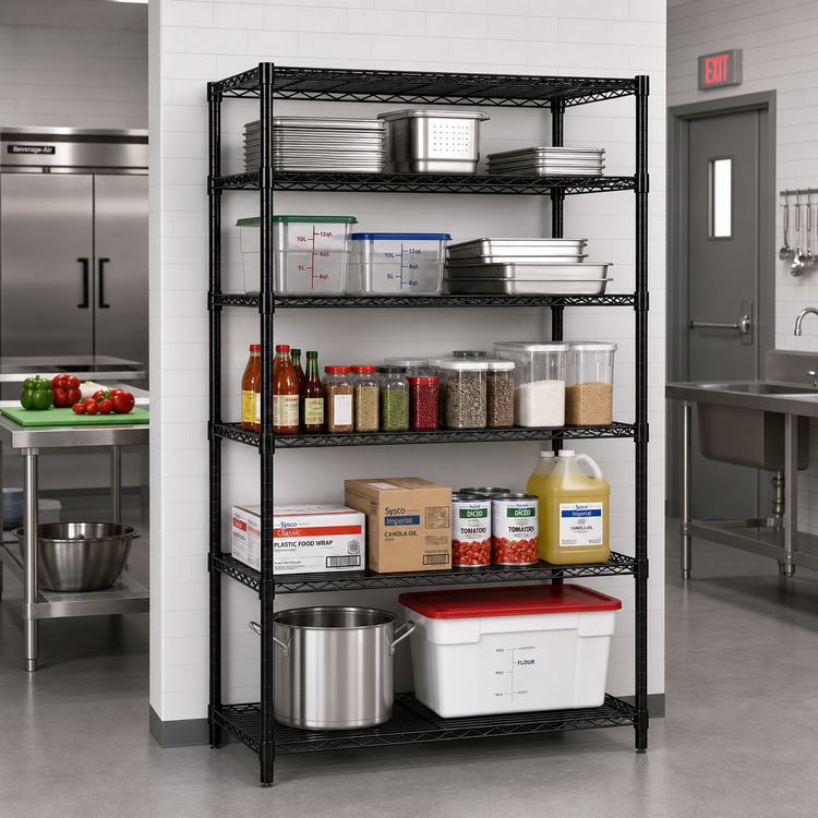 Product image #2 for Quantum 72"W x 36"D x 54"H Stationary Wire Shelving Starter Kit, 5 Shelves, Black Epoxy Antimicrobial Finish