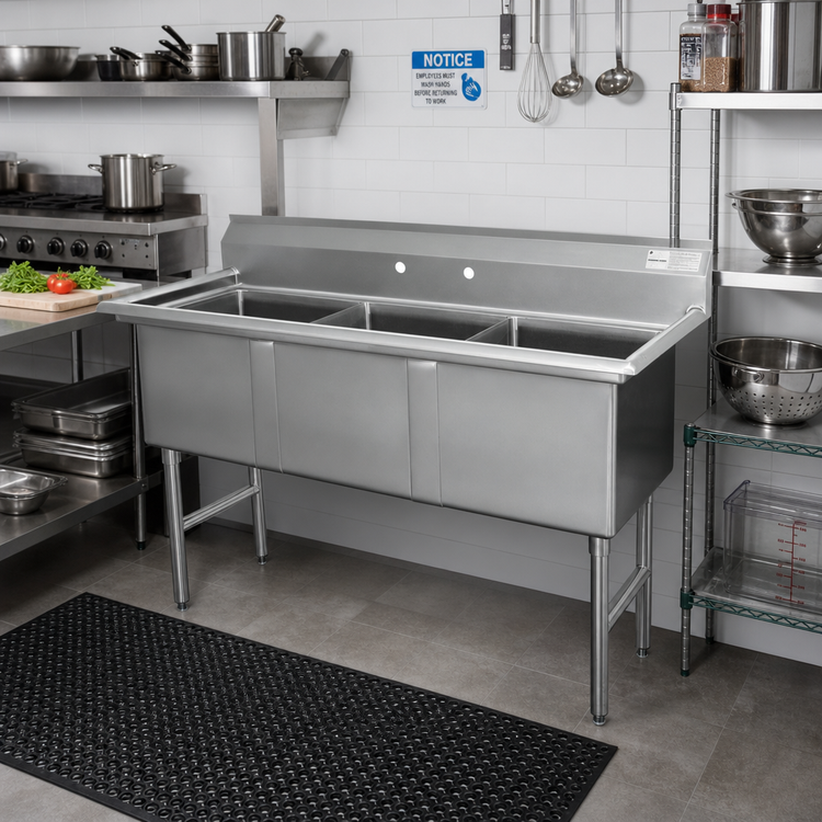 Product image #2 for Advance Tabco 3-Compartment Fabricated Stainless Steel Sink with Legs, 30" x 30" x 14" Bowls, No Drainboards, 95" Long