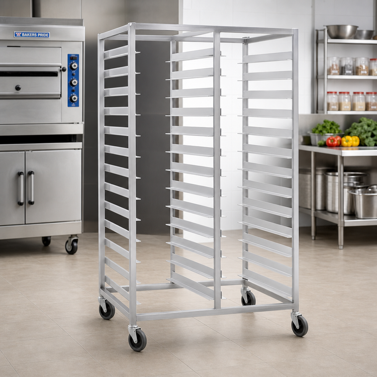 Product image #2 for Double-Compartment Mobile Tray Rack for 18 x 26 Inch Trays, Front Loading, 48-Tray Capacity, Open Frame, Stainless Steel