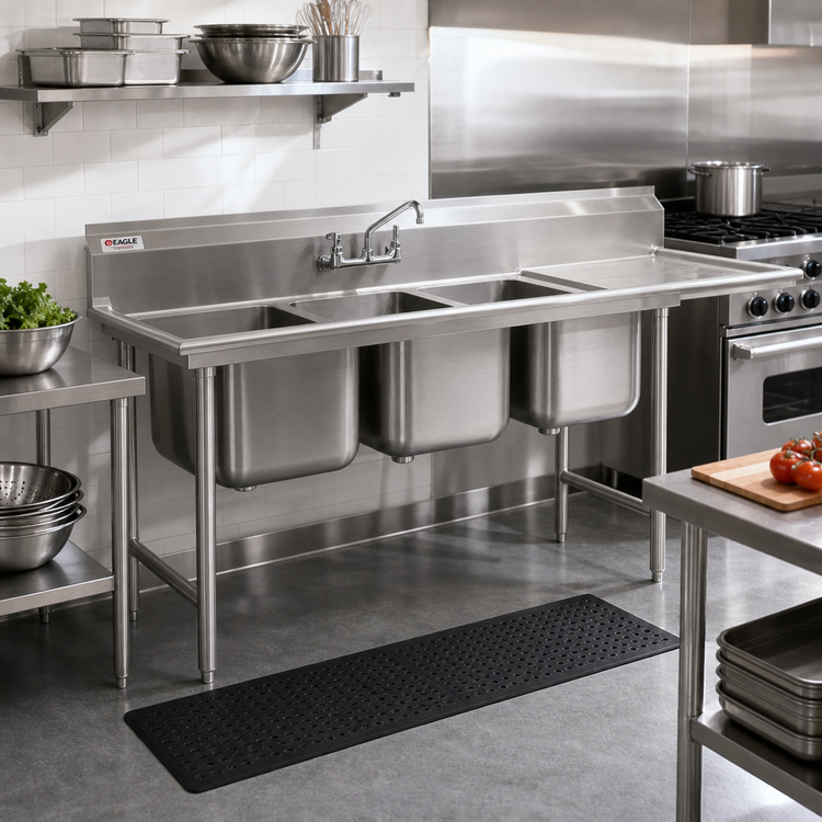Product image #2 for Eagle Group 414 Series Three-Compartment Sink with 18-Inch Right-Hand Drainboard, 80-3/4"W x 31-3/4"D