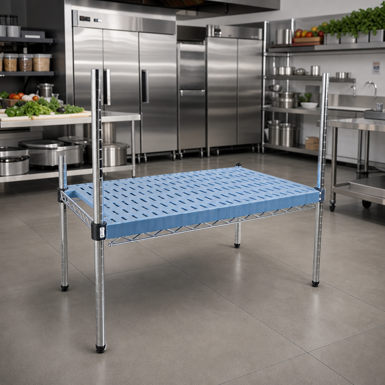 Product image #2 for Eagle Group QuadPlus Blue Louvered Polymer Shelf Mat with Chrome Quad-Adjust Frame, 30" x 24"