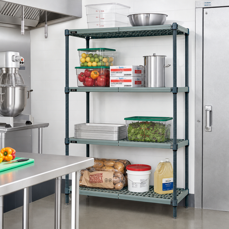 Product image #2 for Quantum 4-Tier Stationary Wire Plastic Mat Shelving Unit, 72 x 18 x 86 Inches, Green Epoxy Antimicrobial