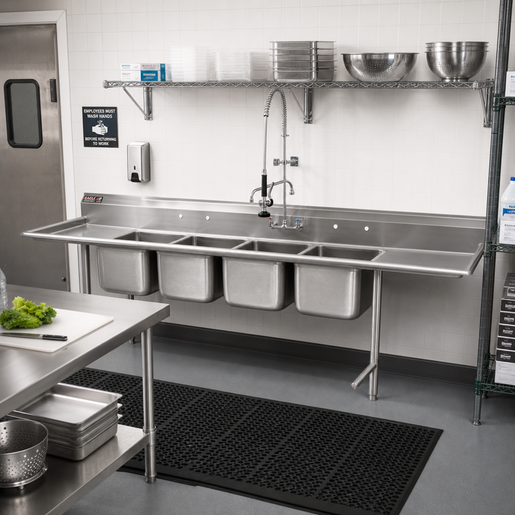 Product image #2 for Eagle Group 414 Series Coved Corner Four-Compartment Sink with 18-Inch Right-Hand Drainboard, 92-1/8-Inch W x 27-1/2-Inch D