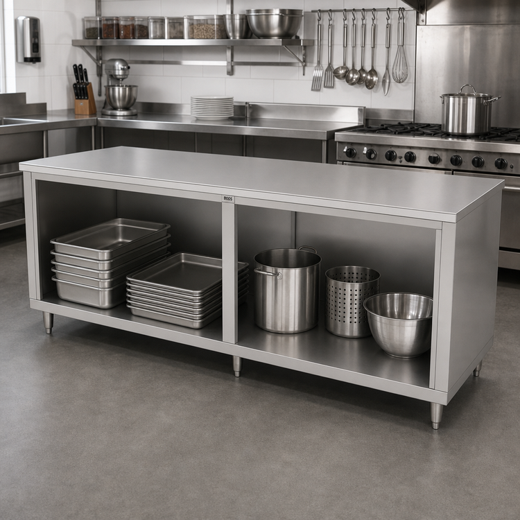 Product image #2 for John Boos 120-Inch x 30-Inch Stainless Steel Flat-Top Work Table Cabinet Base with Open Front and Safety Edge