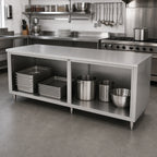Thumbnail image #2 for John Boos 4CO4-30120 120 x 30-Inch Stainless Steel Work Table, Flat Top, Open-Front Cabinet Base, 14-Gauge 300 Series Top