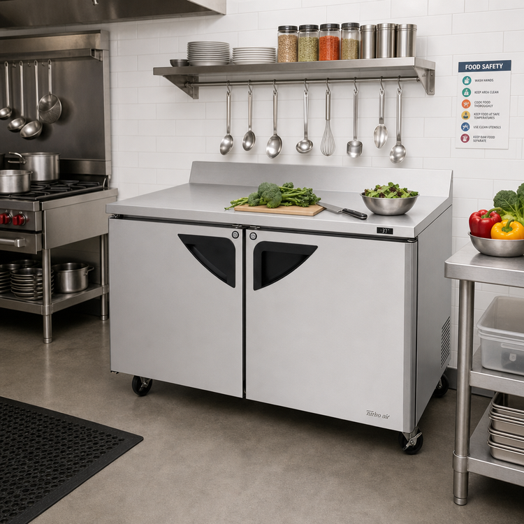 Product image #2 for Turbo Air Super Deluxe 60-Inch Two-Section Worktop Refrigerator, 16 Cu. Ft., Stainless Steel, Rear-Mounted Self-Contained Refrigeration