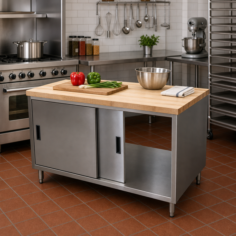 Product image #2 for BK Resources Dual Access Chef Table with Cabinet Base, Sliding Doors, and Hard Maple Top, 60 x 30 Inches