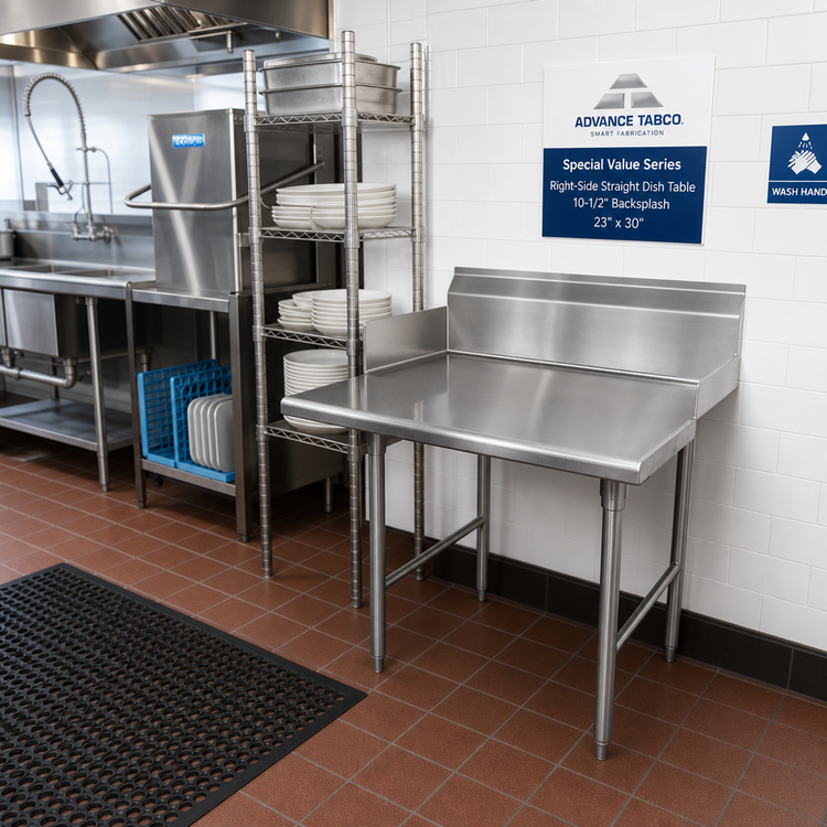 Product image #2 for Advance Tabco Special Value Series Right-Side Straight Dish Table with 10-1/2 Inch Backsplash, 23 x 30 Inches