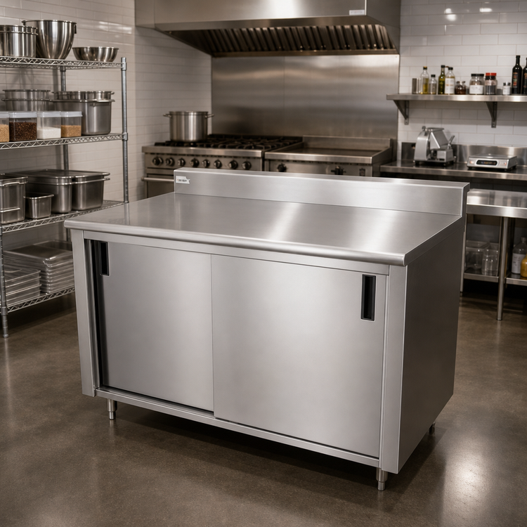 Product image #2 for Advance Tabco 72" x 36" Enclosed Work Table with Cabinet Base, Mid-Shelf, Sliding Doors, and 5" Backsplash