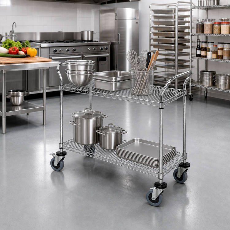 Product image #2 for Conductive Utility Bus Cart with 2 Wire Shelves, 42 x 18 Inch, Chrome Plated