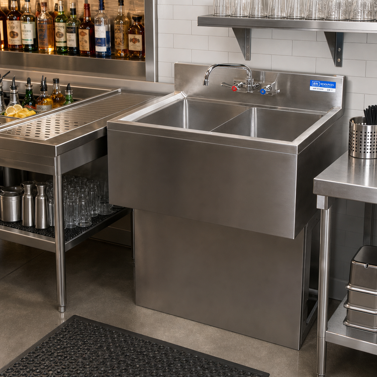 Product image #2 for BK Resources Slim-Line 36-Inch Two-Compartment Underbar Sink with Left Drainboard and Faucet