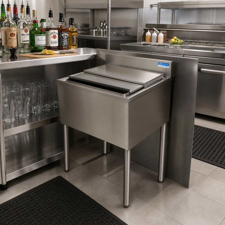 Product image #3 for BK Resources Insulated Underbar Stainless Steel Ice Bin with 8-Circuit Cold Plate, 24-Inch Wide, 21-Inch Deep, 80 lb. Capacity