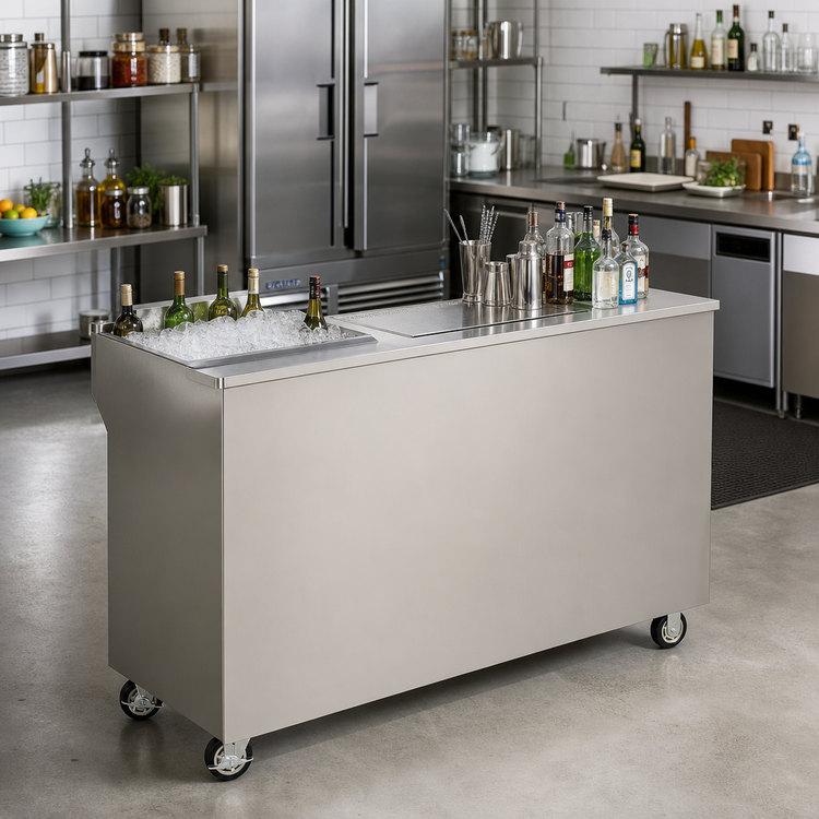 Product image #3 for FWE SBBC-6 6-Foot Stainless Steel Mobile Bar with 50 lb. Ice Bin and Cold Plate