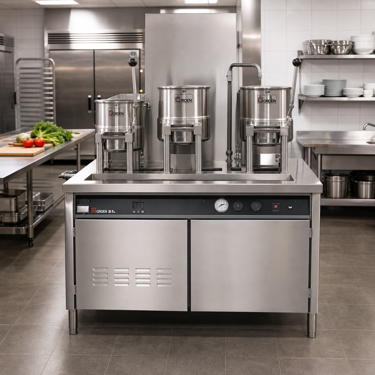 Product image #2 for Groen Electric Kettle Cabinet Assembly with Three 20-Quart Kettles, Hand Tilt, 54-Inch Stainless Steel Cabinet