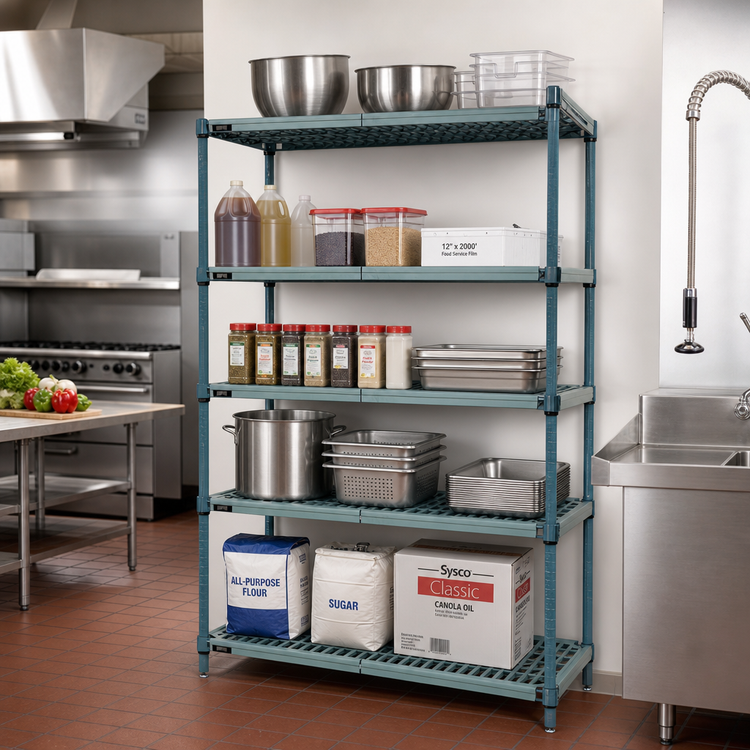 Product image #2 for Quantum 5-Tier Stationary Wire Plastic Mat Shelving Unit, 60W x 14D x 86H, Green Epoxy Coated
