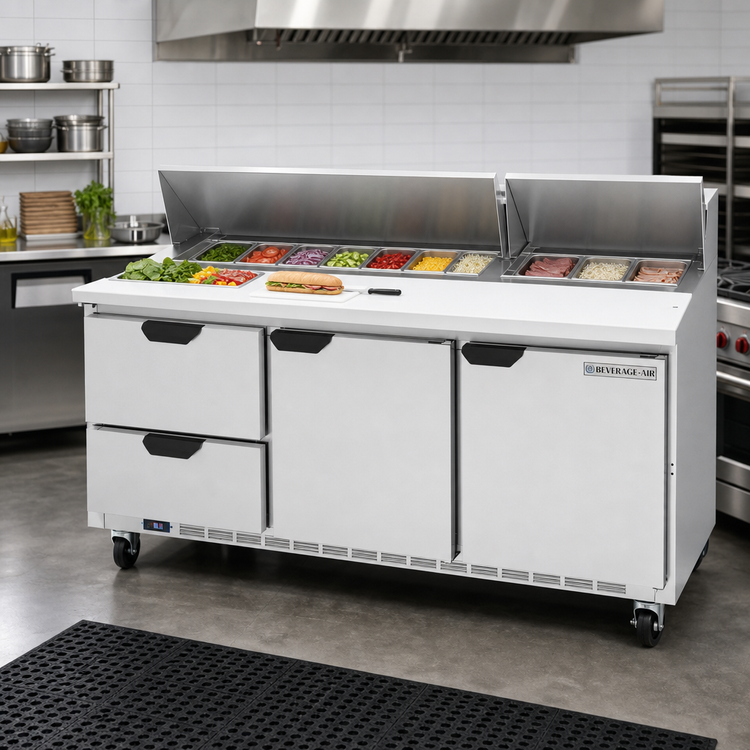 Product image #3 for Beverage-Air 72-Inch Three-Section Sandwich Top Refrigerated Prep Table with 18-Pan Opening, 2 Drawers, 2 Doors and Cutting Board