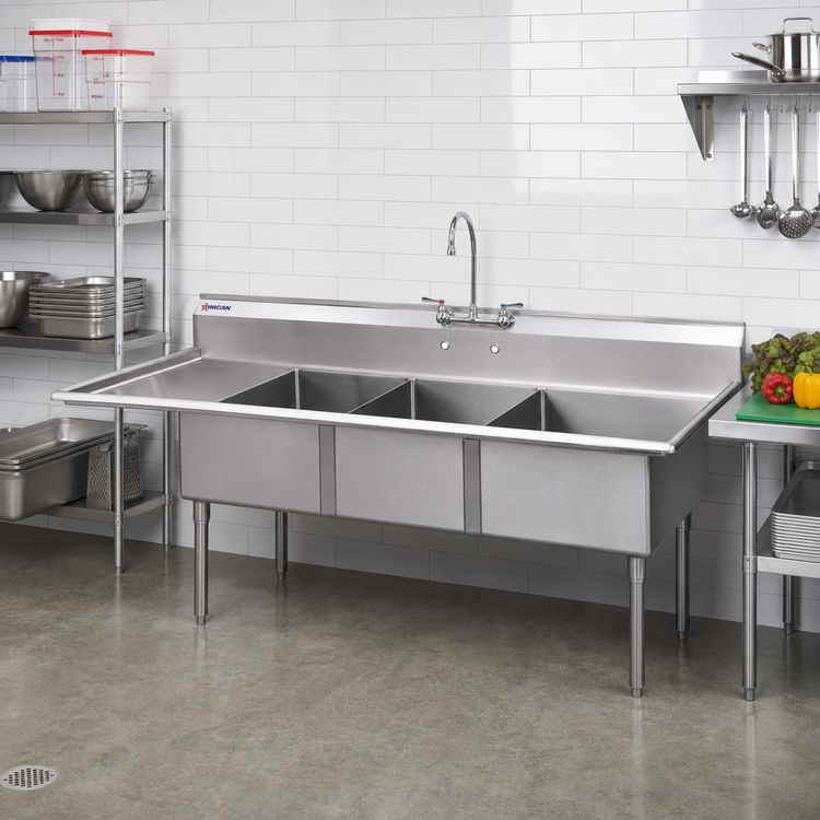 Product image #2 for Omcan 3-Compartment Pot Sink with Left Drainboard, 18" Bowls, 304 Stainless Steel
