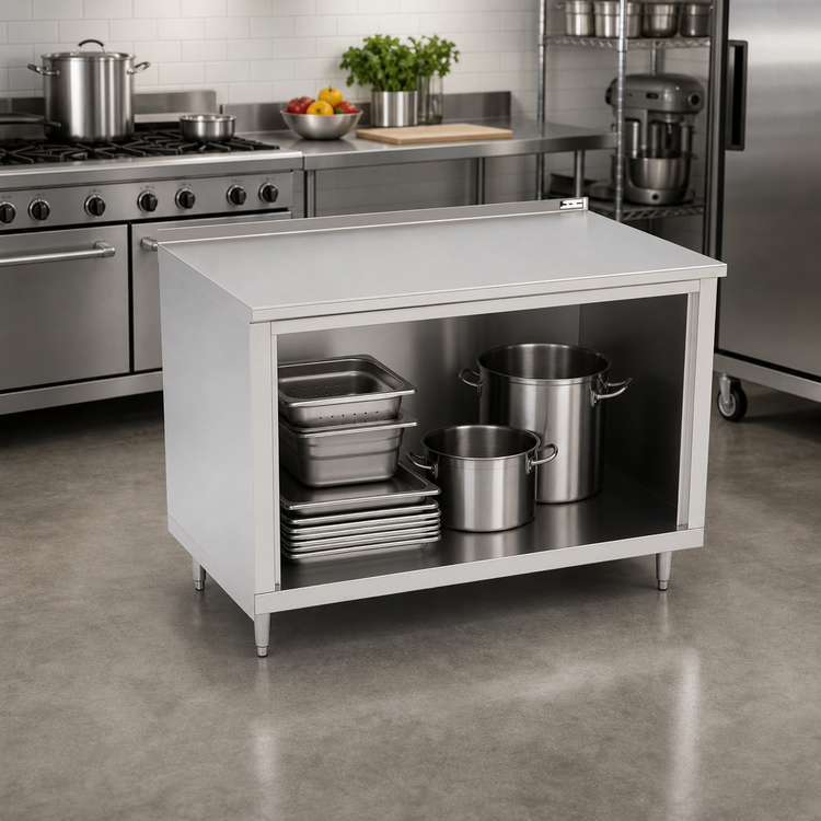 Product image #2 for John Boos 48 Inch x 36 Inch Open Front Cabinet Base Work Table with 16-Gauge Type 300 Stainless Steel Top and 1-1/2 Inch Rear Riser