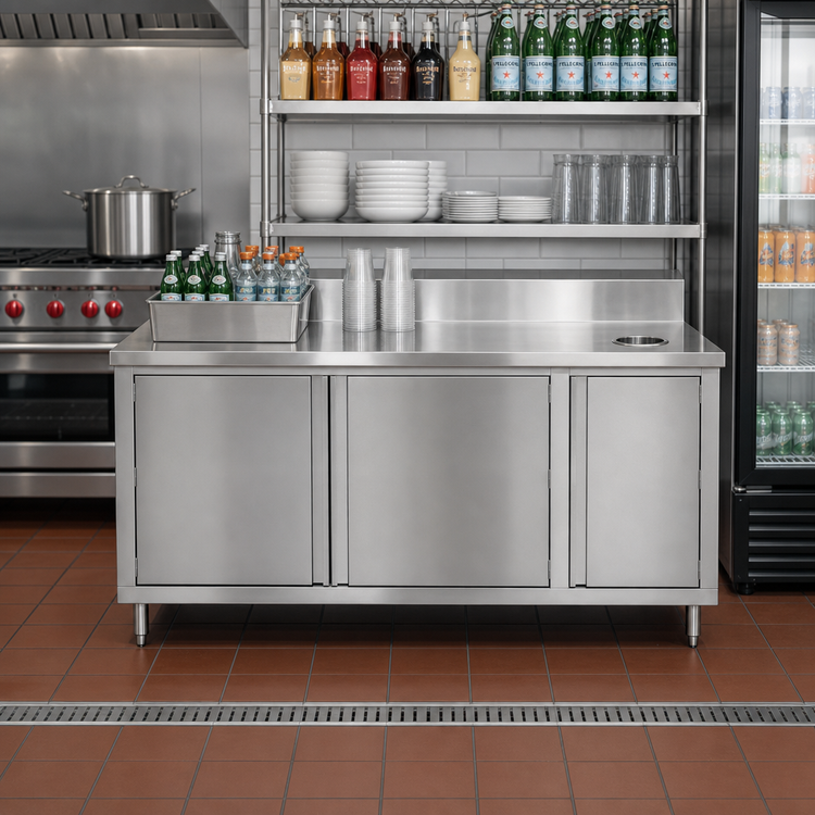 Product image #2 for John Boos 48-Inch Enclosed Beverage Unit Work Table with Right-Side Trash Chute and 14-Gauge Stainless Steel Top