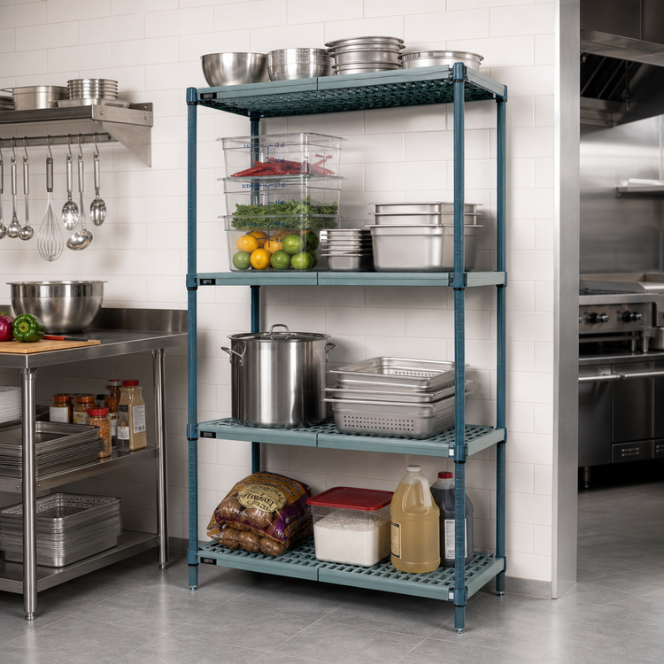 Product image #2 for Quantum 4-Tier Stationary Wire Plastic Mat Shelving Unit, 42 x 14 x 74 Inches