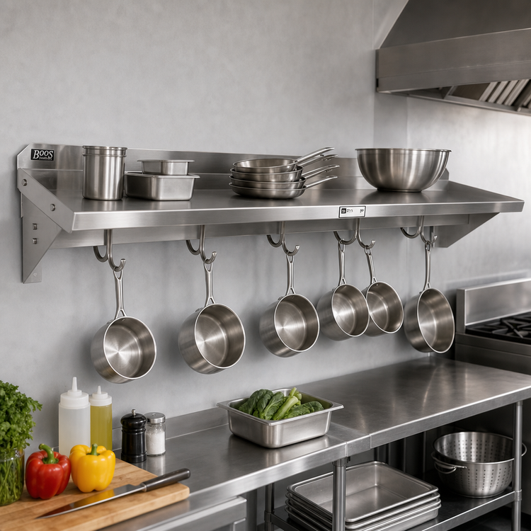 Product image #2 for John Boos Stallion 84-Inch Wall-Mount Stainless Steel Shelf with Pot Rack, 14 Gauge