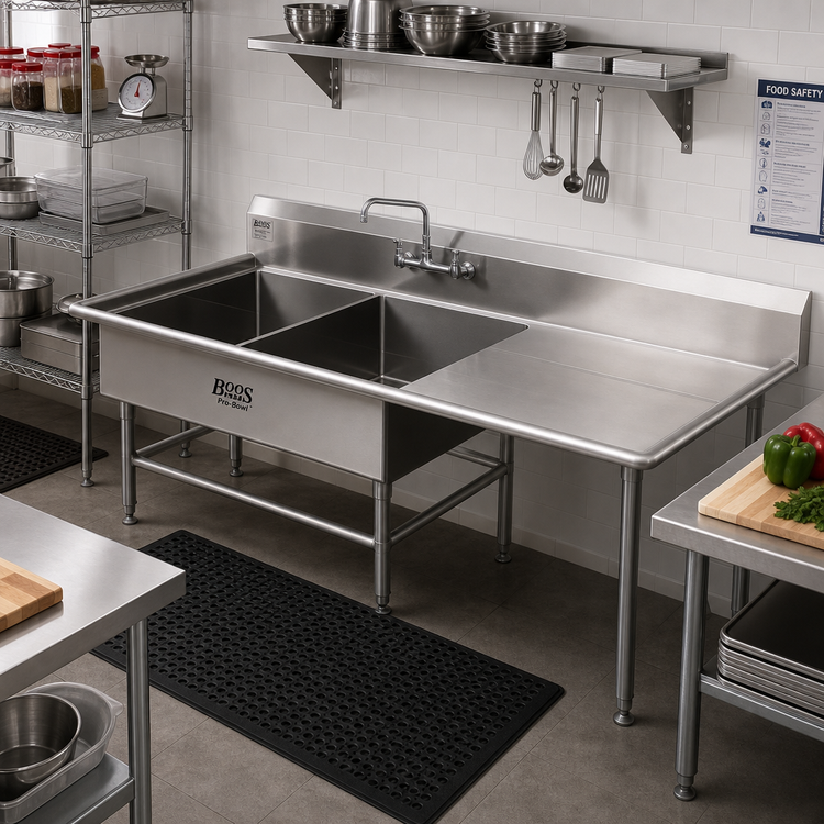 Product image #2 for John Boos Pro-Bowl 2-Compartment Sink with 24-Inch Right Drainboard, 68-3/16" W x 33-1/2" D x 44-1/16" H, 16-Gauge Stainless Steel