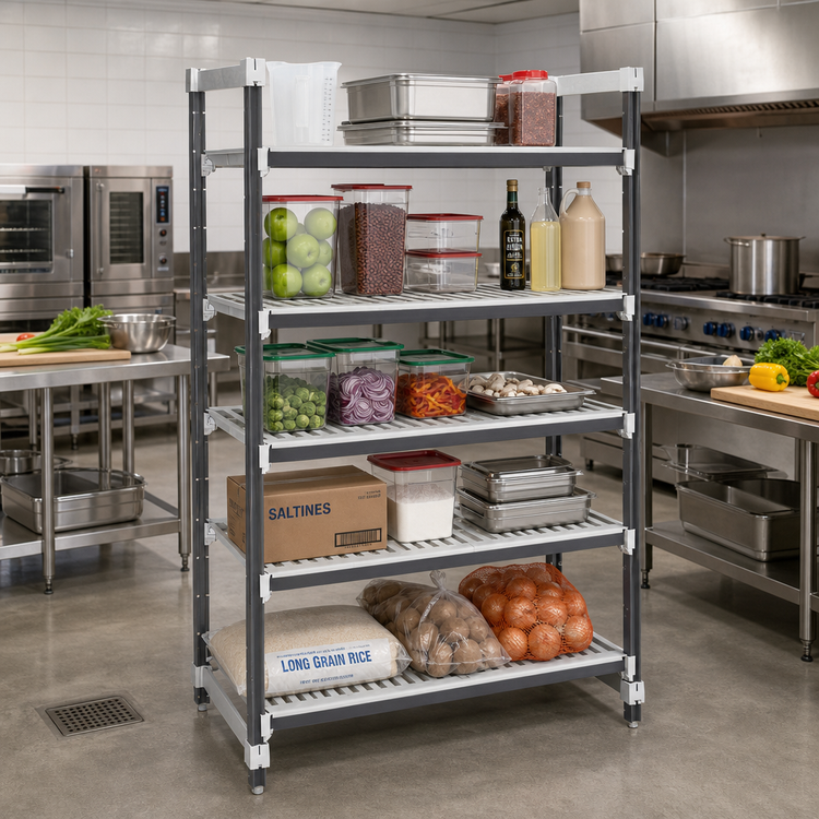 Product image #2 for Cambro Camshelving Elements XTRA 5-Tier Stationary Starter Polymer Shelving Unit, 18 x 60 x 84 Inches, Speckled Gray