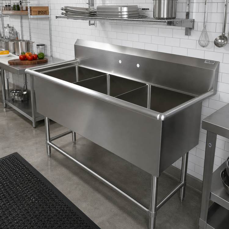 Product image #2 for John Boos Pro-Bowl 3-Compartment Stainless Steel Sink with 10 Inch Backsplash, 59-1/8 Inch x 29-1/2 Inch x 44-1/16 Inch, 18 x 24 Inch Bowls