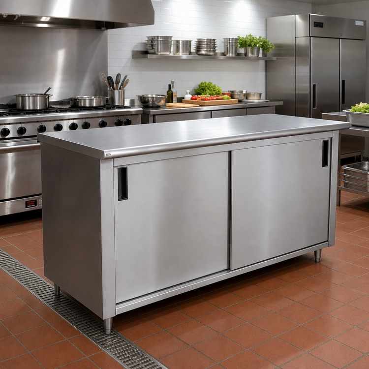 Product image #2 for Advance Tabco Special Value 120" x 30" Enclosed Stainless Steel Work Table with Sliding Doors, 16 Gauge Top
