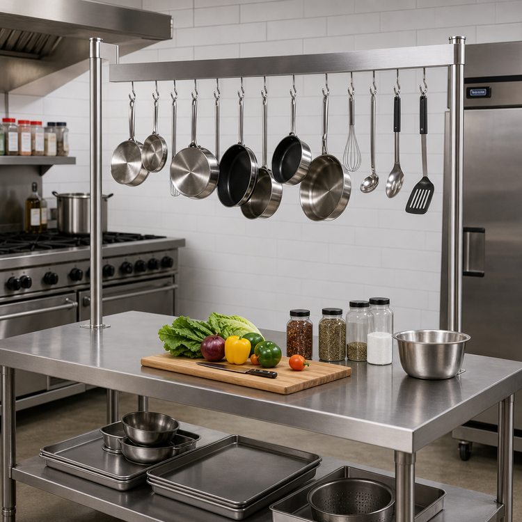 Product image #3 for Klinger's Trading 72-Inch Adjustable U-Shaped Table-Mounted Pot Rack with Double-Prong Hooks