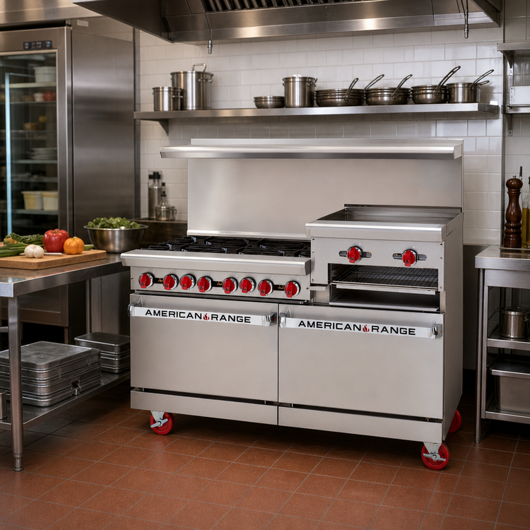 Product image #2 for American Range 36-Inch Commercial Gas Range with 4 Open Burners, 12-Inch Raised Griddle/Broiler and 26-1/2-Inch Convection Oven