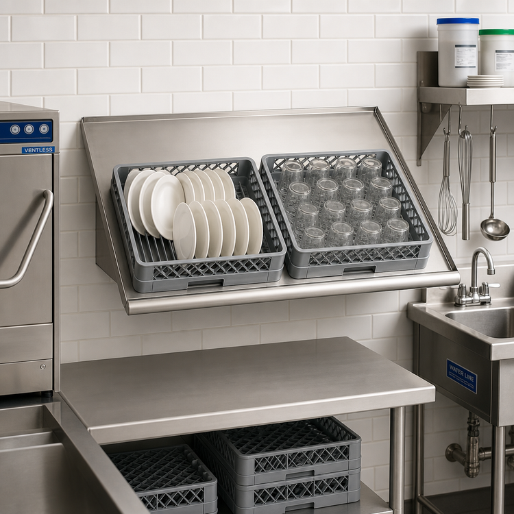Product image #2 for Advance Tabco DT-6R-12 Wall-Mounted Stainless Steel Sorting Shelf, 42 Inch Wide, Holds 2 Full-Size Dish Racks