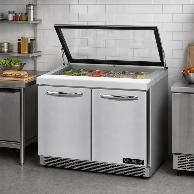 Product image #2 for Continental Refrigerator Mighty Top SW36N12M-HGL-FB 36" Two-Section Sandwich Prep Refrigerator with Hinged Glass Lid