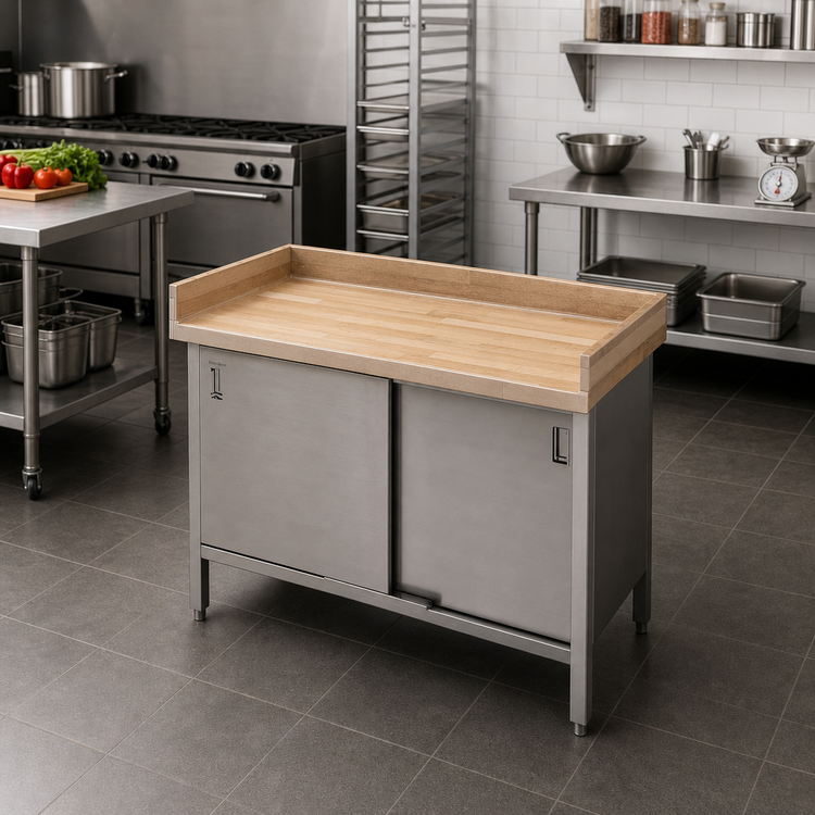 Product image #2 for John Boos Enclosed Base Wood Top Work Table with Sliding Doors, 48 x 30 x 40-1/2 Inches, Maple Top, Stainless Steel Base
