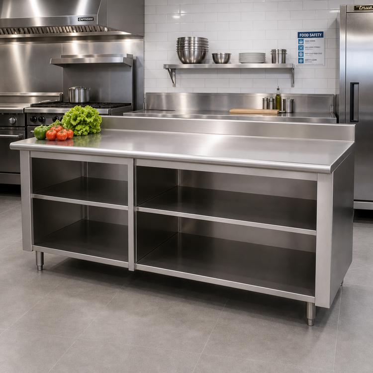 Product image #2 for Advance Tabco 108-Inch x 24-Inch 14-Gauge 304 Stainless Steel Work Table with Open Front Cabinet Base and 5-Inch Backsplash
