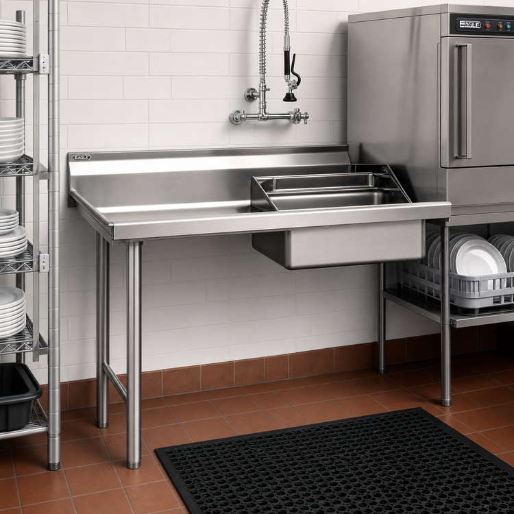 Product image #2 for Eagle Group Straight Soiled Dishtable with Left-to-Right Operation, 20 x 20 x 5 Inch Sink, 8 Inch Backsplash, 16 Gauge 304 Stainless Steel Top