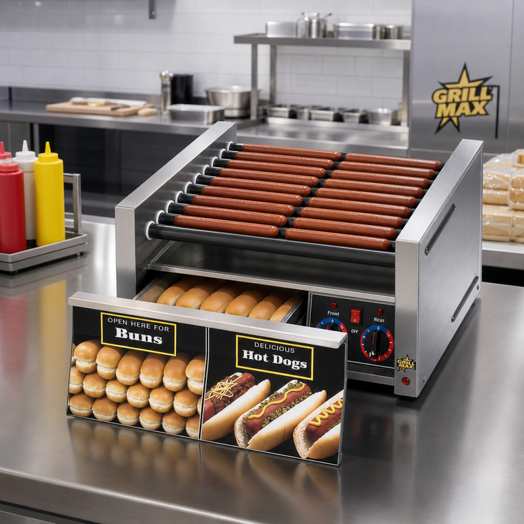 Product image #2 for Grill-Max Roller Hot Dog Grill with Integrated Bun Drawer, 50-Dog Capacity, Duratec Rollers, and Electronic Controls