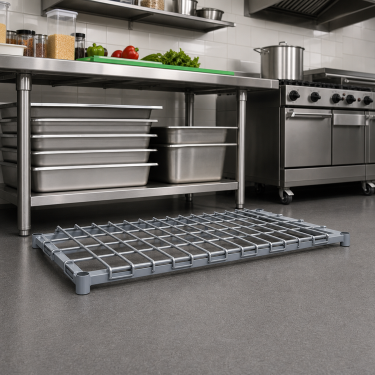 Product image #2 for Quantum 42" x 18" Gray Epoxy Antimicrobial Dunnage Shelf with Removable Wire Top Mat
