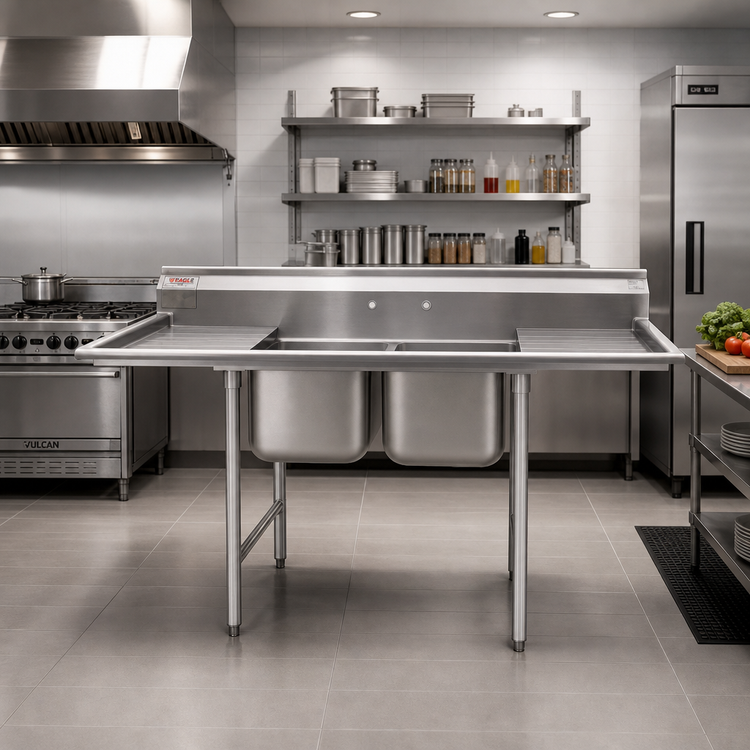 Product image #2 for Eagle Group 414 Series Commercial Two-Compartment Stainless Steel Sink with Left and Right Drainboards, 88 Inch Wide