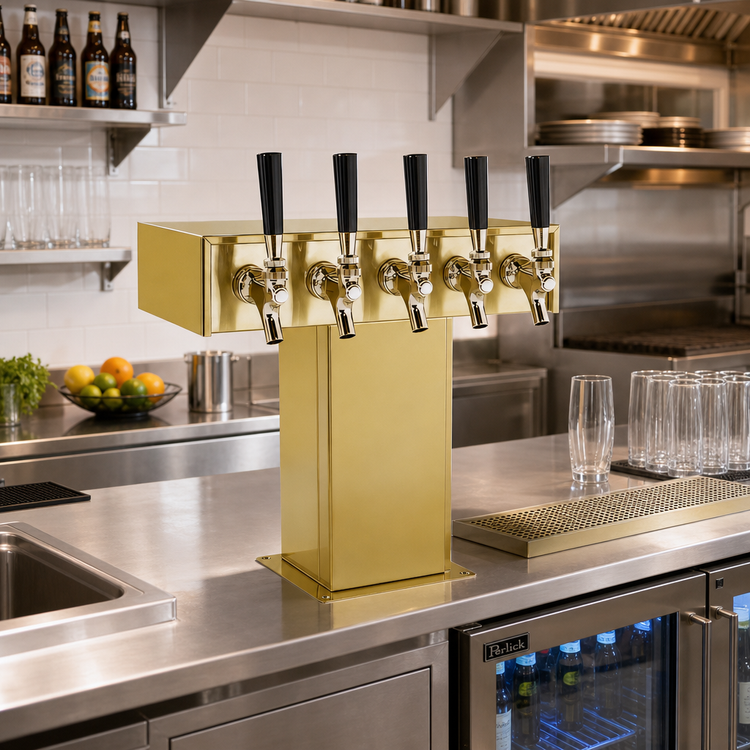 Product image #2 for Perlick Countertop Extra High 5-Faucet Glycol-Cooled Tee Draft Beer Tower, Tarnish-Free Brass
