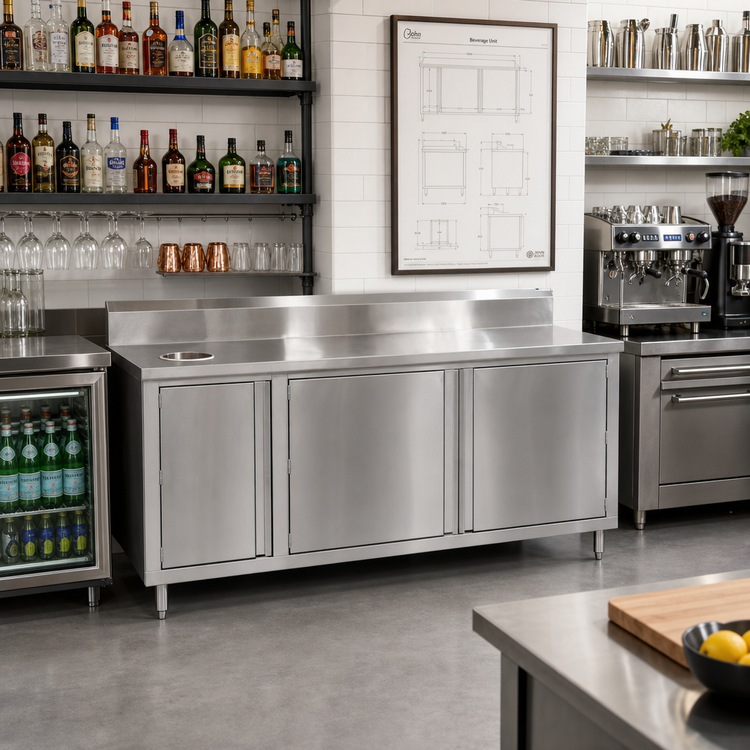 Product image #2 for John Boos 72-Inch Stainless Steel Beverage Unit Cabinet Base with Right Trash Chute, Hinged Doors, and 5-Inch Backsplash