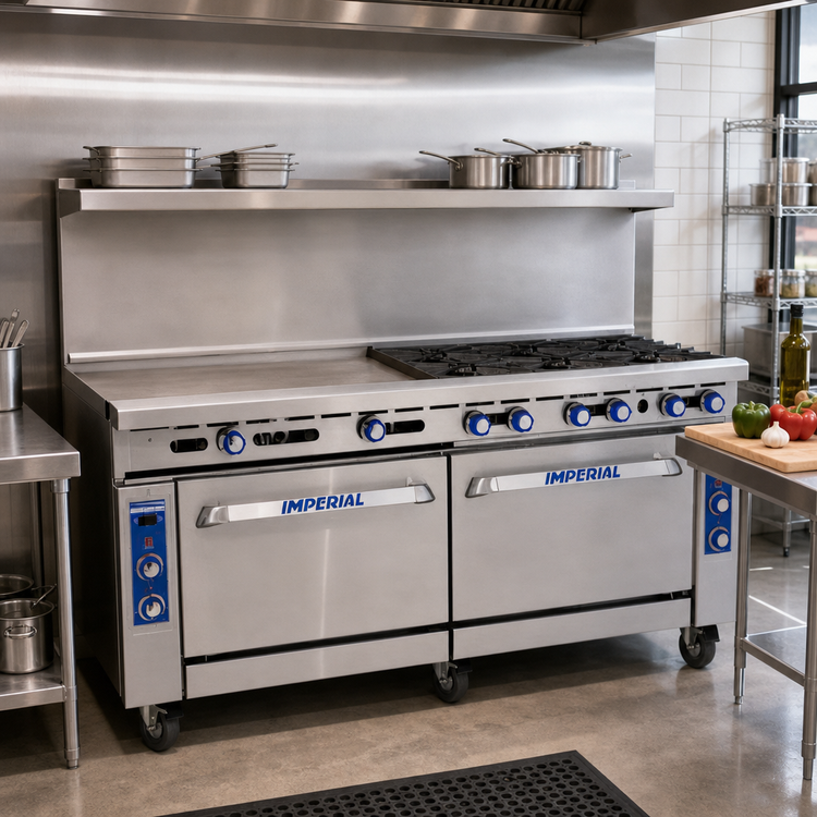 Product image #2 for Imperial Pro Series 72-Inch Commercial Gas Range with 4 Open Burners, 48-Inch Griddle, Standard Oven, and Open Cabinet Base