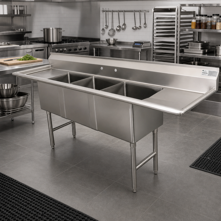 Product image #2 for Advance Tabco 3-Compartment Fabricated Sink with Left and Right Drainboards, 30 x 30 x 14 Inch Bowls, 16-Gauge 304 Stainless Steel