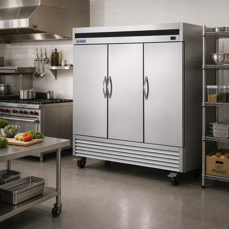 Product image #2 for IKON Refrigeration Three-Section Reach-In Freezer, 66 Cu. Ft., Stainless Steel, Bottom-Mounted Self-Contained, 115/208-230V