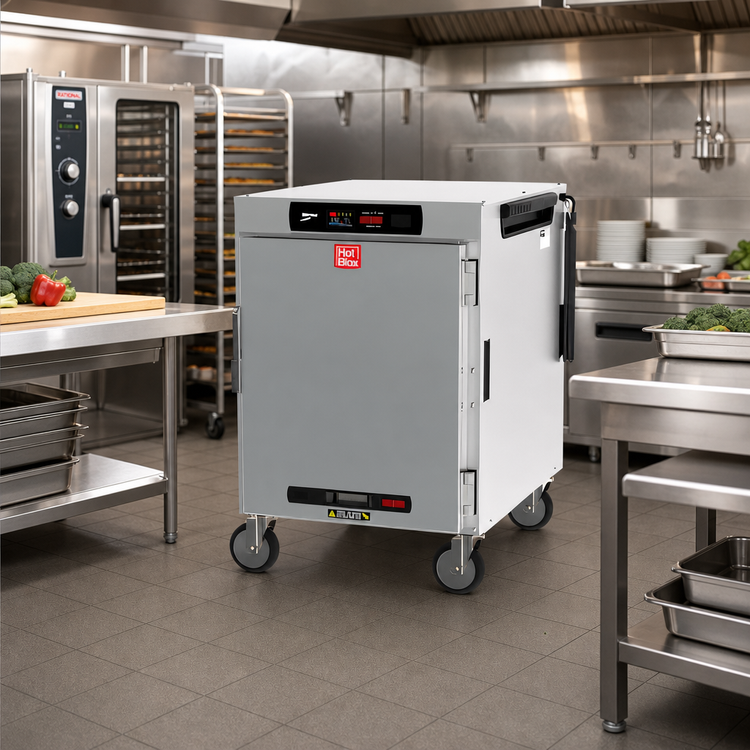 Product image #2 for Metro HotBlox Wide 8-Pan Half-Height Mobile Pass-Thru Insulated Holding Cabinet, Digital Touchscreen, Solid Front / Clear Rear Doors