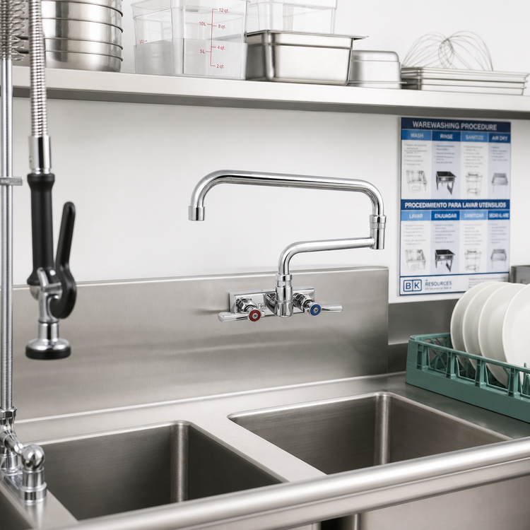 Product image #2 for BK Resources Evolution Splash-Mounted Pre-Rinse Faucet with 18-Inch Double Joint Swing Spout, 4-Inch Centers