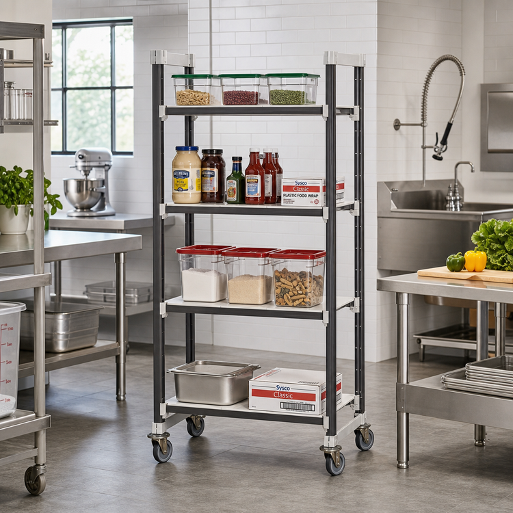 Product image #2 for Cambro Camshelving Elements XTRA High Density Mobile Starter Unit, 18 x 48 x 70-1/4 Inch, 4-Shelf Solid Polymer Shelving Unit