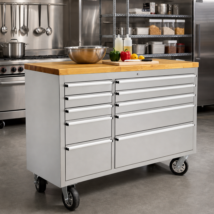 Product image #2 for Omcan USA Mobile Stainless Steel Work Bench with Rubberized Wood Top and 10 Locking Drawers, 55 x 18 x 37 Inches