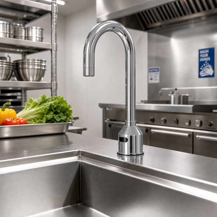 Product image #2 for Low-Lead Touchless Electronic Sensor Faucet, Deck Mount, Single-Hole, Rigid Gooseneck, 0.5 GPM, Chrome-Plated Brass